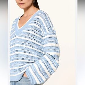 Ganni Light Blue and White V-Neck Sweater